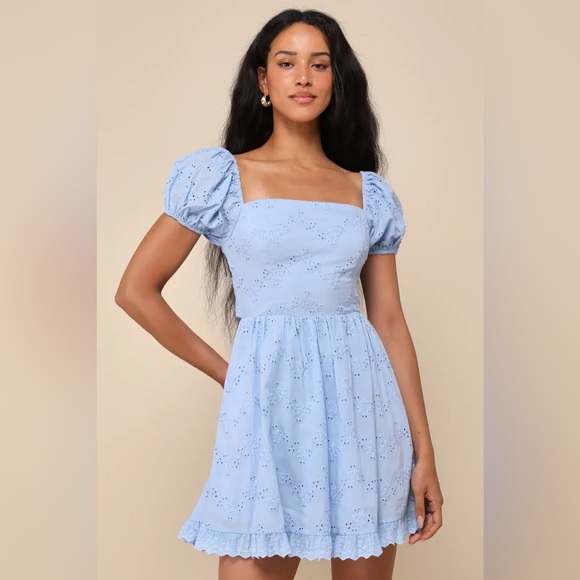 Light Blue Embroidered Tie-Back Mini Dress - Picture 1 of 3